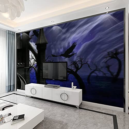 Modern 3D Illustration Of Night Forest With Full Moon Also A Castle With Ravens Wallpaper Stick And Peel Wall Stickers Removable Wall Paper Mural For Living Room Bedroom Tv Background Wall #TOP3