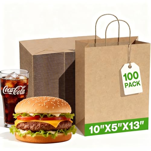 Image of Simple Deluxe 100-Pack 10x5x13 Inch Kraft Paper Bags with Handles, Recycled Natural Brown Gift Shopping Bags for Retail Business Grocery Party Favor Merchandise Bulk