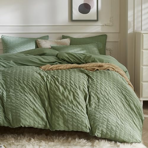 Image of JELLYMONI Seersucker Duvet Cover Set King, 3pcs Dark Green Polyester | In Spacious Master, Couples & Pets, Crinkled Texture, Oeko-Tex Certified, 8 Corner Ties & Hidden Zipper