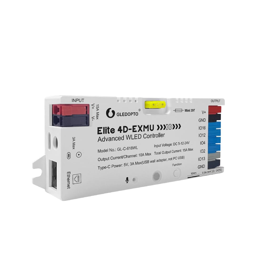 GLEDOPTO Controller LED avanzato a 4 canali, WiFi/Ethernet - 15A Max, con microfono audio e relè, compatibile con WLED per strisce LED RGB ICS WS2812B/WS2815 (bianco)