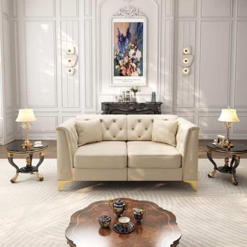 Image of KEIKI 62 inch Faux Leather Chesterfield Sofa with Handmade Button Tufted, Beige