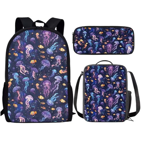Purple Jellyfish Sea Fish Kids Backpack Set with Lunch Box and Pencil Case 3 Piece School Book Bags