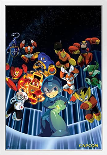 Mega Man Legacy Collection Video Game Video Gamer Classic Retro Vintage 90s Gaming Megaman Capcom Legacy Collection Megaman 11 Mega Man X Dr Wily White Wood Framed Poster 14x20
