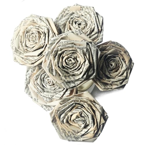 Book Paper Rose Bouquet Novel Flowers Literary Vintage Home Décor Christmas Anniversary Valentine's Day Gift for Wife Fiancée Book Lover Wedding Paper Flower Bouquets Handmade (Bunch of 6)