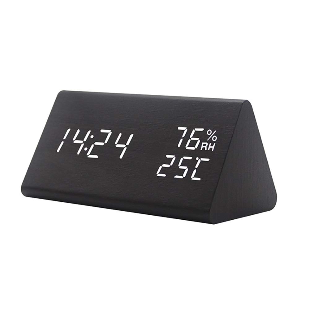 Creative Digital Clock Wooden Electronic LED Time Display Temperature and Humidity Detect Clock For Bedroom Alarm Clock (Color : Black)