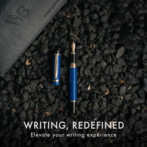 Image of Wordsworth & Black Primori Fountain Pen Set for Writing, Extra Fine Nib | Blue Gold, Gift for Men Women, Metal Body, 18K German Iridium, Calligraphy, Converter + 24 Ink Cartridges, Refillable