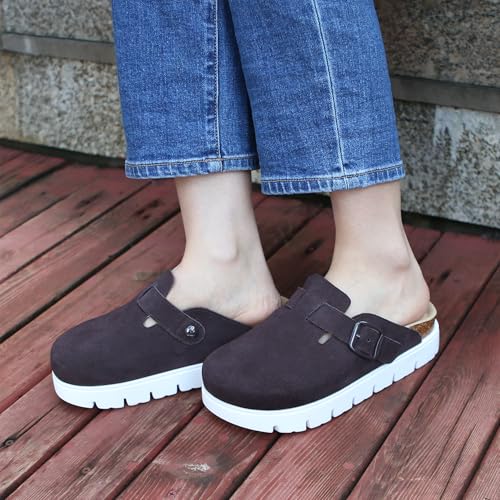 Image of Women's Suede Platform Clogs Leather Mules Slip On Indoor Outdoor Shoes | Arch Support, Cork Footbed, Adjustable Buckle,Water Resistant Upper,All Day Comfort