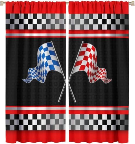 HZOHNAGO Racing Car Curtains Blue and Red Race Flags Extreme Sports Themed Grid Black White Check Pattern for Kids Room Decoration Print Decor Rod Pocket Window Drapes for Bedroom Living Room 42x45in
