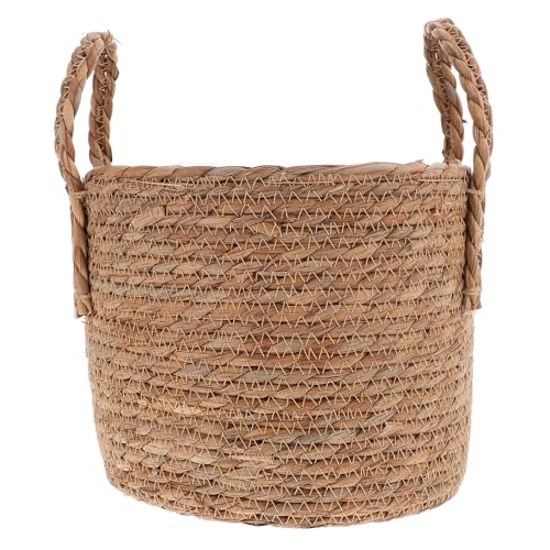 Cabilock Cesta para plantas de pasto marino, tejida a mano, con pajita, bolsa de playa, con asas, para lavandería, pícnic, maceta, cubierta de flores, juguetes para el hogar, 25 cm, color caqui