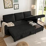 Walsunny 77' Sectional Sleeper Sofa with Pull Out Bed, Modern L-Shaped Corduroy Convertible Couch with Storage Chaise, Reversible Sofa Bed for Small Spaces, Apartment, Office, Black