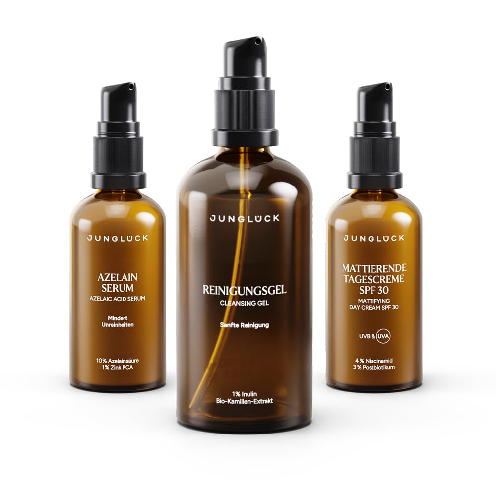JUNGLÜCK Set Unreinheiten mindern SPF 30 | Reinigungsgel + Azelain Serum + Mattierende Tagescreme SPF 30 – klärt, beruhigt & schützt vor UV