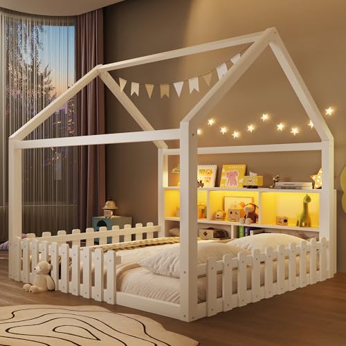 Lit cabane Enfants 140x190 cm avec LED,lit Enfant avec Barriere,lit Enfant cabane lit au Sol Enfant,Compartiments de Rangement Ouverts, Design Maison,Bande de...
