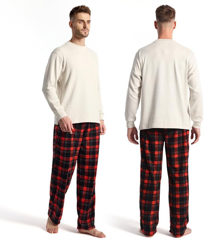 3 Pack Men's Fleece Pajama Pants Bottoms– Lounge Sleepwear Plaid PJs with Pockets and Button Fly - Image 2