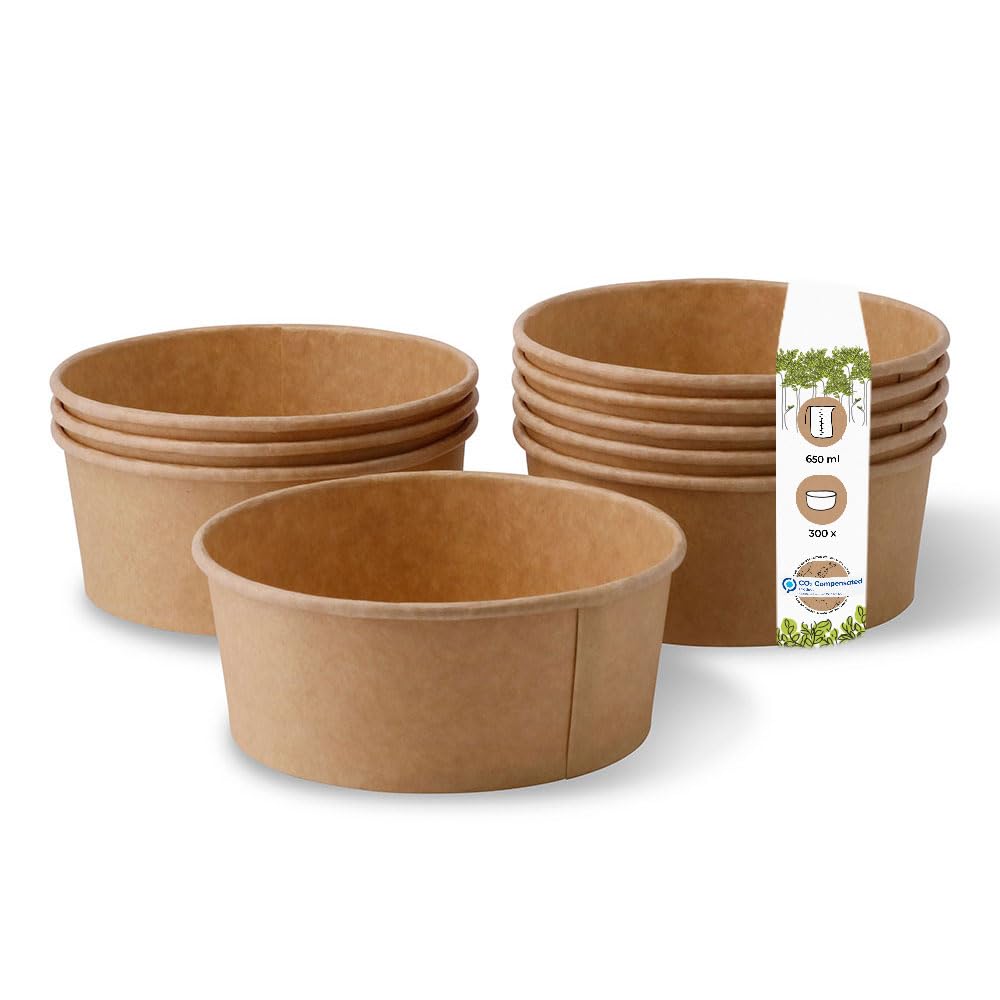 BIOZOYG Ciotola in cartone Kraft 650ml I 300 ciotole da zuppa compostabili in carta Kraft - ciotola per insalata con strato in PLA I Stoviglie da asporto senza plastica I 300 tonde marroni