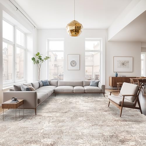 RUUGME 10X14 Abstract Area Rug:Large Washable Living Room Rug Indoor Non Slip Low Pile Carpet for Bedroom Soft Foldable Stain Resistant Distressed Thin Rug for Dining Room Kitchen 10X14 Brown