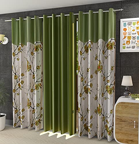 BK HOMZ Attractive Heavy Polyester Floral Print & Plain Combo of Green Curtains for Long Door Set of 3 || 9ft (B09FT8D2PQ) Amazon Price History, Amazon Price Tracker