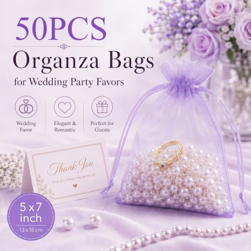 Image of ANZNKU 50 Pack Organza Bags 5 x 7 in Light Purple Small Mesh Gift Bags Bulk Drawstring for Wedding, Little Goodie Bag for Party Favor Candy Jewelry Soap Makeup, Treat Pouch for Baby Shower