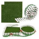 90x5cm Miniatur Gartenzaun, mit 2 Stück Kunstrasen zum Basteln, Holz Mini Holzzaun für DIY Weihnachtsdeko Garten, Wichtel Garten Staketenzaun, für Miniatur Deko (Zaun mit Weihnachtsknoten)