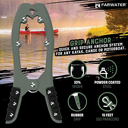 Farwater Canoe Anchor Grip - Boat, Float Tube & Kayak Fishing Accessories, Kayaking Equipment - Brush Clamp Anchor With Teeth - Gripper With 15Ft Paracord - Rubber Grips - Coated Steel - Matte Green #TOP3
