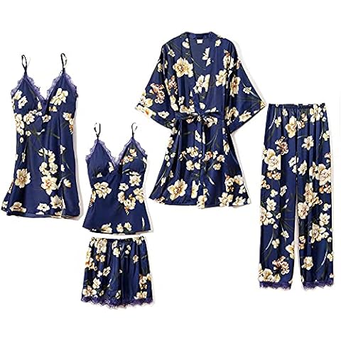 Danfiki Women Pyjama Set Sleepwear Girls Ladies Nightwear Silk Satin Pajamas Lace Floral Nighties 5Pcs Robe Dressing Gown Nightdress with Chest Pad Blue Cover