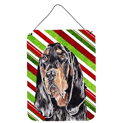 Caroline's Treasures SC9609DS1216 Black and Tan Coonhound Candy Cane Christmas Wall or Door Hanging Prints Aluminum Metal Sign Kitchen Wall Bar Bathroom Plaque Home Decor Front Door Plaque, 12x16, Mul
