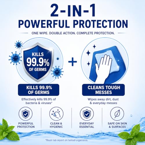 Image of PERISAFE Multipurpose Disinfectant Wipes For Surfaces & Skin | 10 Wipes (Pack of 24) | 100% Biodegradable | Antibacterial | 2-IN-1 | Kills Germs & Cleans Tough Messes | Fresh Mint