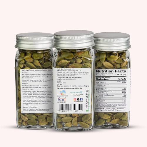 Image of Pure Tree Certified Organic Elaichi | 40 g | Glass Jar | Organic Green Cardamom Whole Spices Hari Chhoti Elaichi Seeds Unique Aroma & Pleasant Flavour