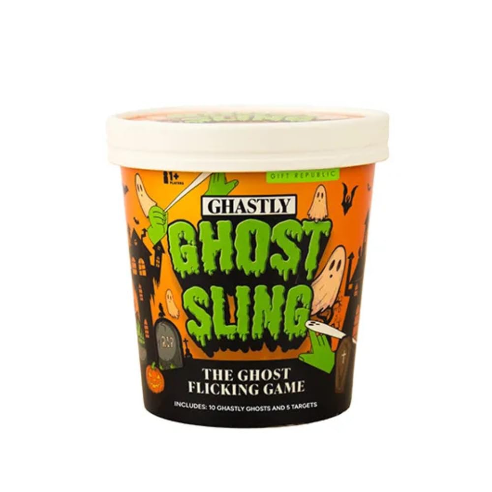 Gift Republic Ghastly Ghost Sling - Spooky Finger Slingshot Game with 10 Stretchy Finger Catapults + 5 Targets in Toy Bucket - Halloween Party Game for Family & Friends - Kids, Teens & Adults