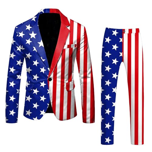 Generic American Flag Suit for Men USA Outfit for The 4th of July with Pants United Stripes Formal Dress Jacket 2024 (Blue, M), Medium