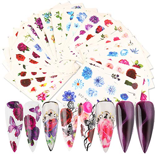Ocealux Flower Nail Art Stickers 24pcs Butterfly Blossom Design Water Transfer Nail Decals Colorful Rose Floral Nail Wraps Foils Nails Art Manicure Decoration Slider Tips for DIY Nail Art Decorations