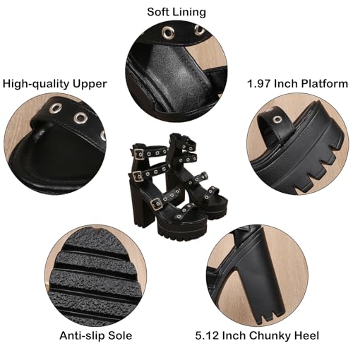 Women's Leather Hollow Out Platform Chunky Heel Roman Sandals Fashion One Bands Round Open Toe Back Zipper Summer Goth High Heel Sandals for Party Wedding3
