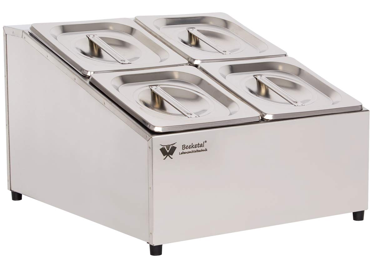 Beeketal 'BGN4-Duo' Edelstahl GN Aufsatzboard für 4 Gastronorm Behälter (zweireihig), Gastro Zutatenbehälter inkl. 4 Stück (GN) 1/6 Behälter mit Deckel, abgeschrägtes Gestell mit Anti-Rutsch Füßen