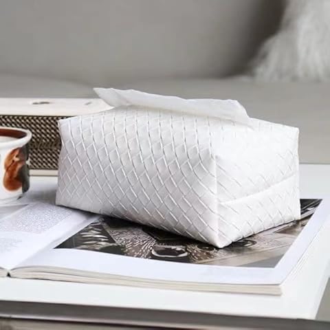 Giltswift Tissue Box Cover Rectangle Cube Faux Pu Leather Woven Facial Box Covers Holder Tray Organizer for House Tabletop Office Car Bathroom Decorative（White） Cover