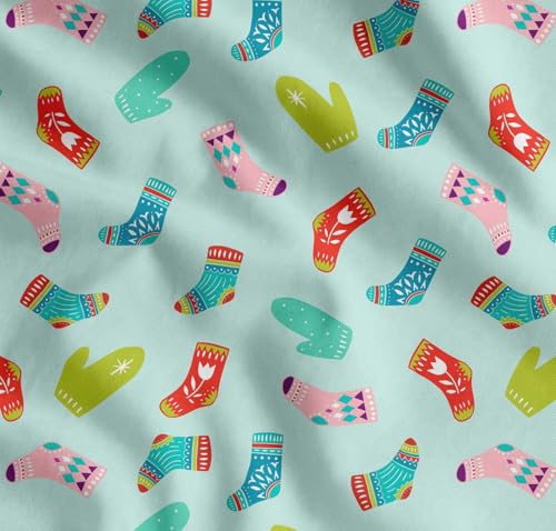 Image of Soimoi Green Cotton Cambric Fabric Socks & Gloves Folk Art Printed Craft Fabric by the Meter 56 Inch Wide