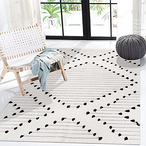 Boho Cotton Area Rug 4’ X 6’, Large Hand Woven Washable Indoor Accent Rugs, Moroccan Geometric Throw Floor Carpet For Living Room Bedroom Dining Room Home Decor,Off White #TOP22