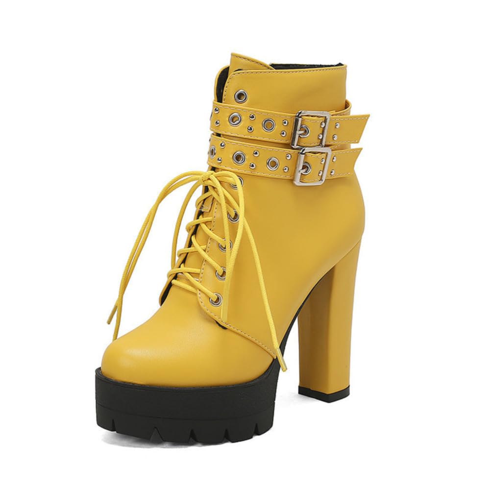 Womens Chunky Heel Ankle Boots Lace Up Platform Punk Goth Combat Booties with Side Zipper Buckle High Heel