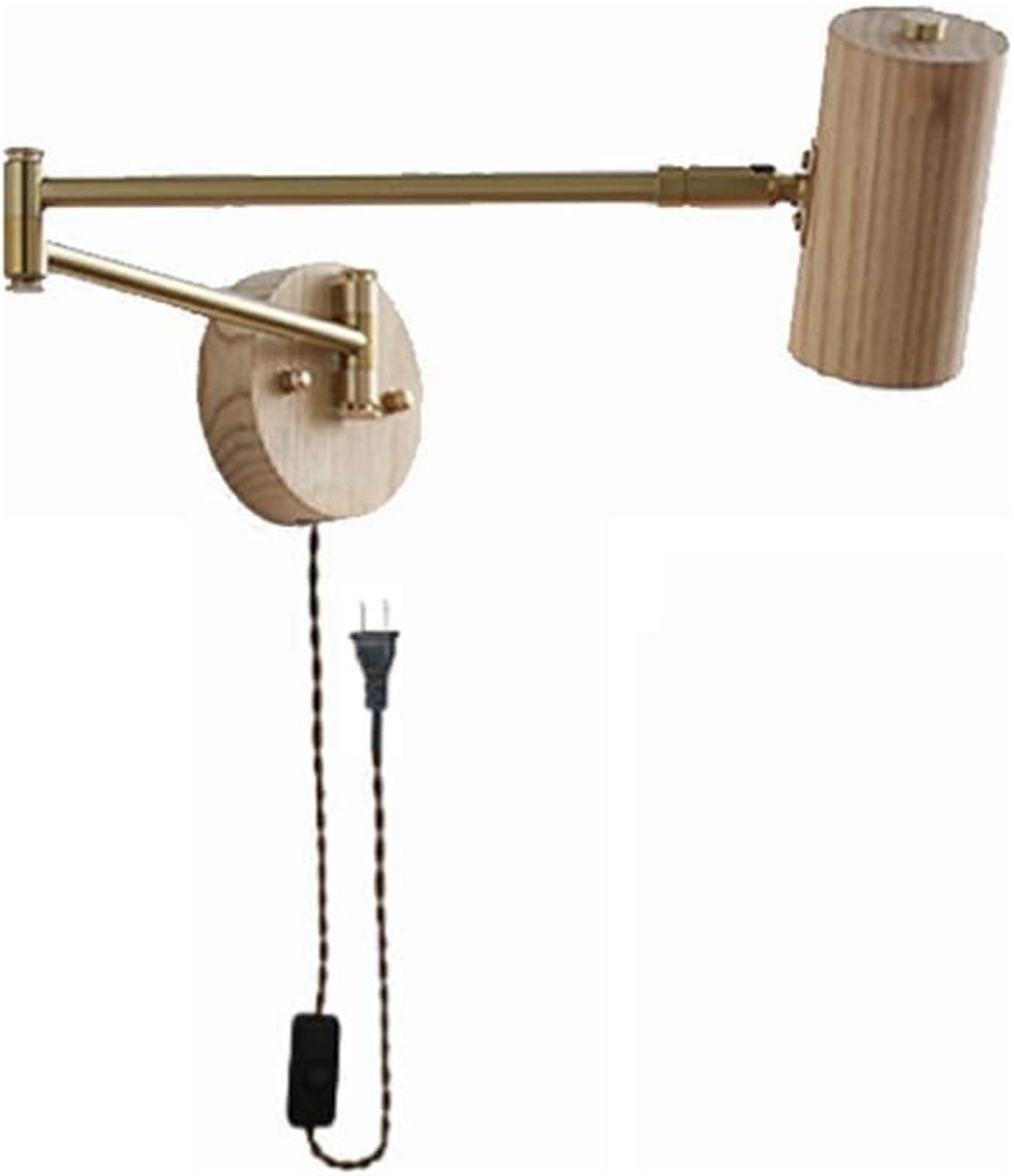 KHUKHU Swing Arm Wall Sconce Plug in Wall Lamp Hard Wired Rustic Wood Wall Mounted Reading Light Fixtures Gold Mid Century Adjustable Wall Sconce for Bedroom Bedside Living Room Farmhouse(Wood)