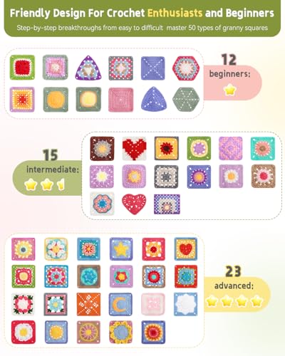 Image of Katech Crochet Kit for Beginners Adults with Step-by-Step Video Tutorials, 50 Granny Square Kit for Beginner Learn to Crochet, Crochet Starter Kit for Crocheter w / 12 Upgraded Yarn-Beginner Friendly