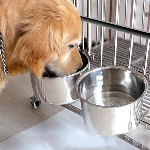 2 Pack Large Dog Water Food Bowls Dog Crate Water Bowl No Spill Water Bowl for Crate Cage Accessories Kennel Water Bowls Hanging Stainless Steel Dogs Bowls Dish Coop Cup for Large Medium Breeds
