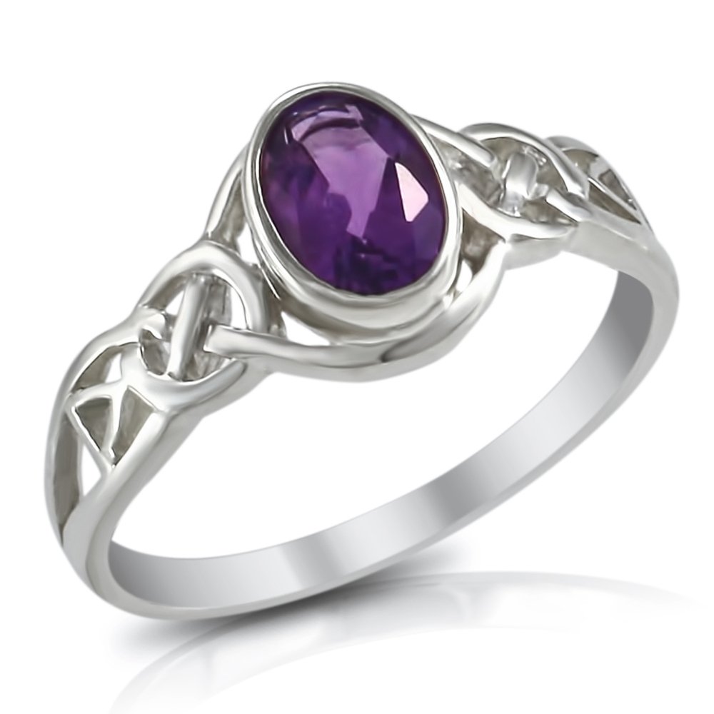 Sterling Silver 1.0 Ct Genuine Purple Amethyst Gemstone Celtic Love Knot Band Ring Size 5, 6, 7, 8, 9, 10