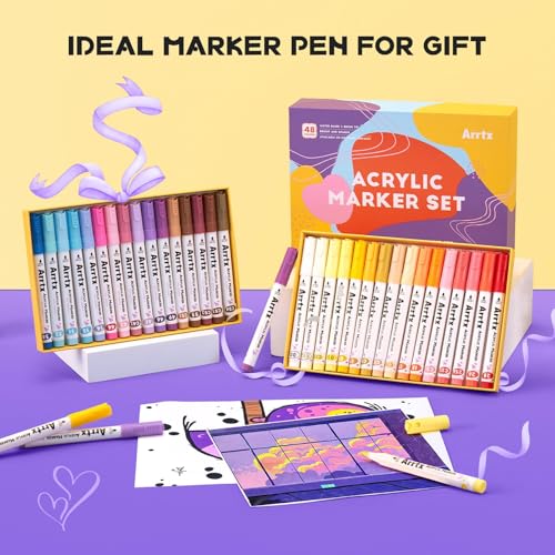 Image of Arrtx Acrylic Paint Pen - 48E Colors Acrylic Marker For Stone Painting,Brush Tip,Paint Markers,Art Supplies,Fabric Paint,Fabric Markers,Waterproof Art Markers For Stone,Glass,Eggs,Wood,Multicolor