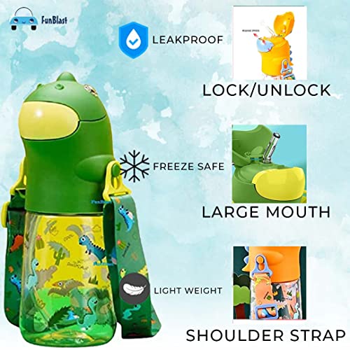 Image of FunBlast Dinosaur Water Bottle for Kids - Cartoon Design Anti-Leak Tritan Bottle With Sipper for School - 560 ML (Green, Pack of 1)