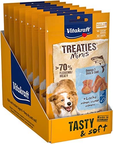 Vitakraft Treaties Minis, golosinas para perros, snack blando para perros relleno de salmón, con omega 3, golosinas de adiestramiento para perros (8x 48g)