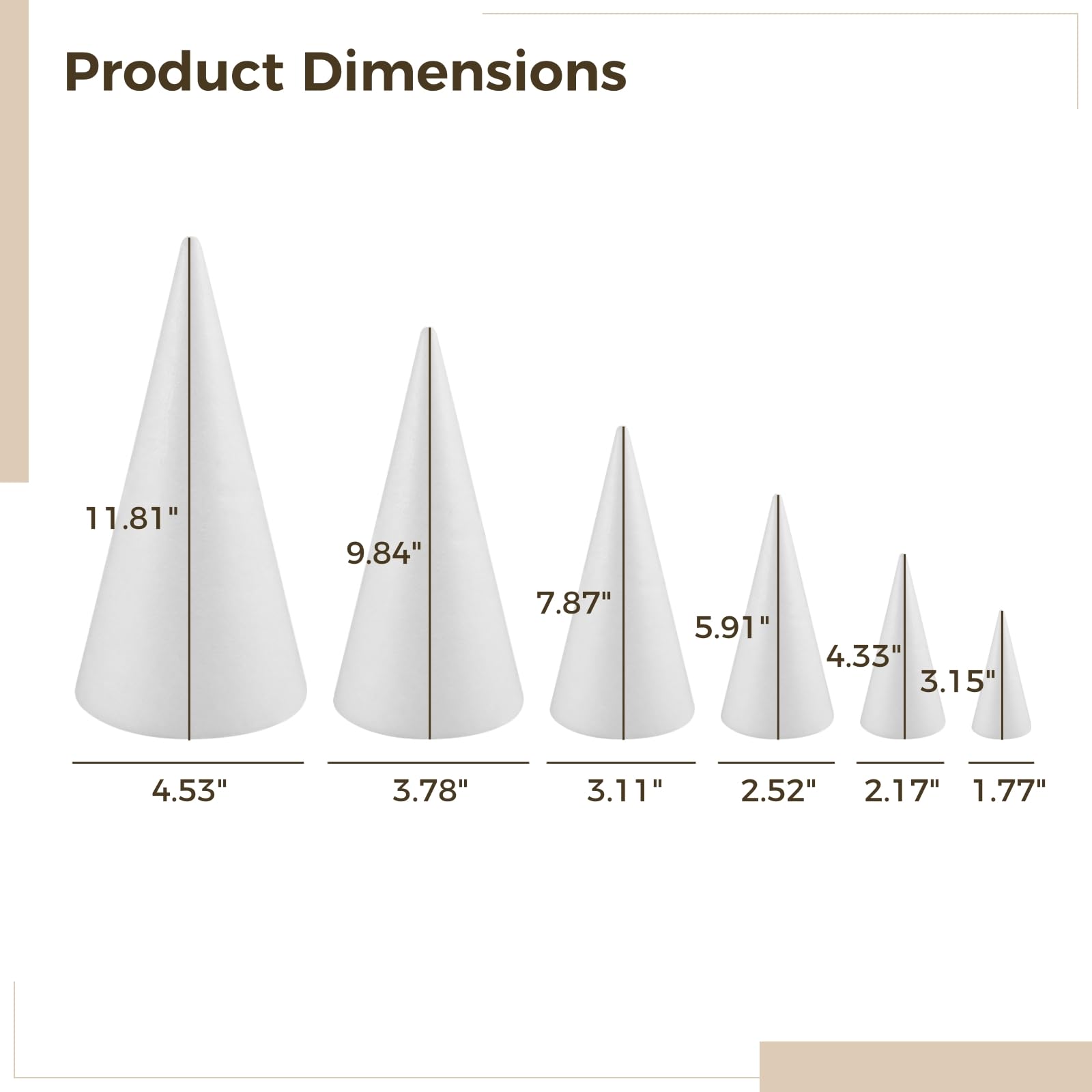 Lot de 24 cônes en mousse pour loisirs créatifs, cônes en polystyrène pour projets DIY de sapin de Noël, bricolage, décoration de saison, matériau EPS léger à personnaliser facilement