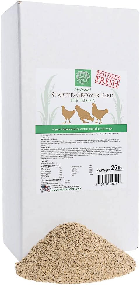 Small Pet Select- Starter/Grower Medicated Chicken Feed, 18% Protein with Corn Brown 25lb