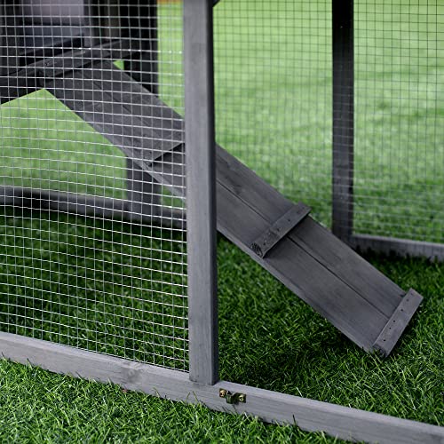 PawHut Kleintierstall mit Freilauf Kleintierkäfig Meerschweinchenstall MeerschweinchenKäfige für draußen Kleintierhaus Tannenholz Grau 147 x 54 x 84 cm