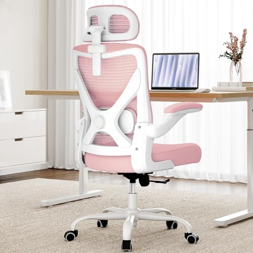 Image of Pink Ergonomic Office Chair: Mesh Desk Chair Comfy with Adjustable Lumbar Support 330lbs High Back Computer Gaming Chair - Big and Tall Office Chairs with Headrest - Adults Home Office