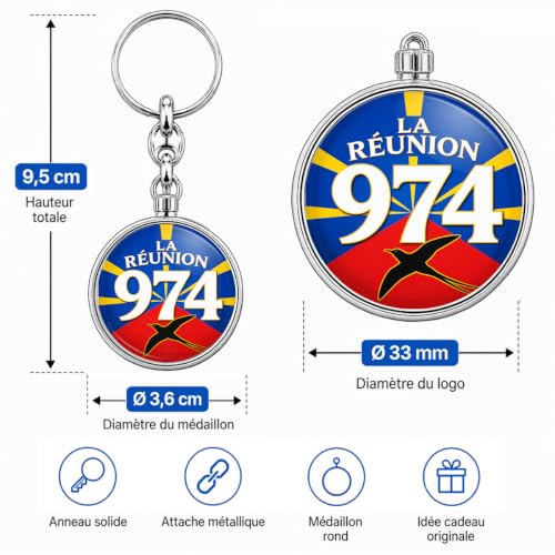 BADGMANIA Porte-clés Métal Réunion 974 – Département Océan Indien Drapeau – Cadeau Fier Péi DOM – Porte-clés Souvenir Réunionnais – Logo 33 mm 2 Faces – Fabriqué en France – vue 3