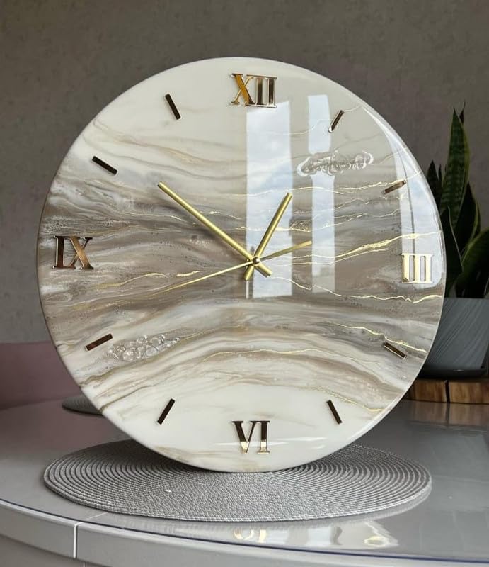 Kala Resin art - Grey & Sage - True Marble Texture with Golden Glaze, (16 inches) (Hand Made Resin Wall Clock, Clock for Livingroom & Bedroom, Home Decor, Epoxy Art)