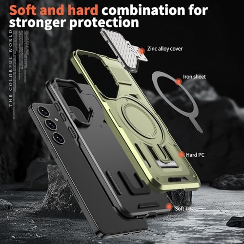 Image of Bumper Case Designed for Samsung Galaxy S24 FE Kickstand Case with Camera Cover, Compatible with Magsafe Built-in Rotatable Magnetic Heavy Duty Shockproof Phone Cover - Green